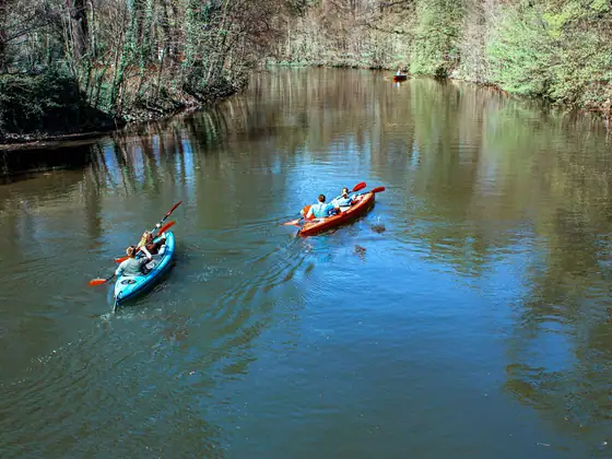 Deux kayaks, un bleu et un rouge, glissent sur une rivière verte bordée de roseaux et d'arbres
